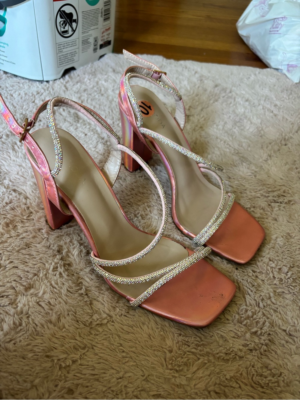pink metallic strappy block heels
